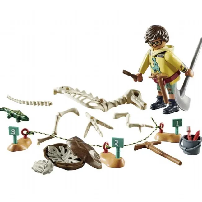 Arkæologisk udgravning og dinosaurskelet